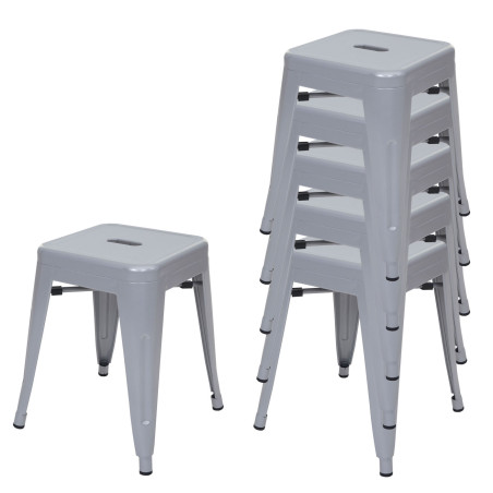 6x Tabouret en métal désign industriel métallique, empilable - gris