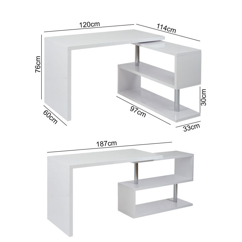 Bureau en angle table d'ordinateur, poli fin, rotatif 120x60cm - blanc