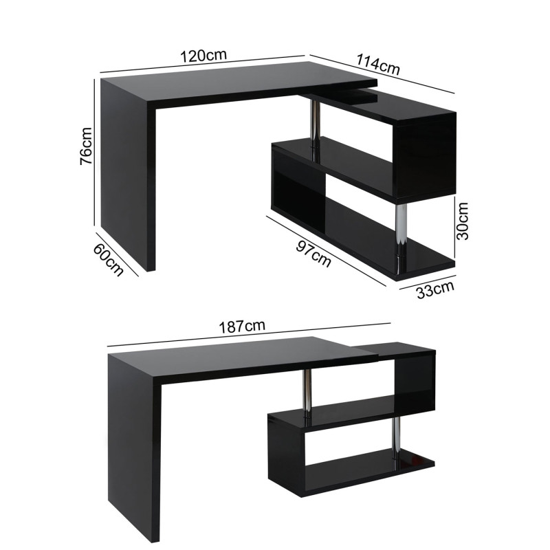 Bureau angulaire brillant, pivotant, 120x60cm - noir