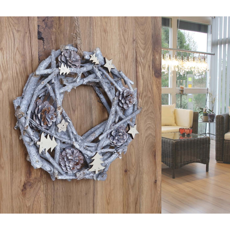 Décor de porte, cône de sapin, rond, couronne de décoration, bois Ø 30cm blanc / gris