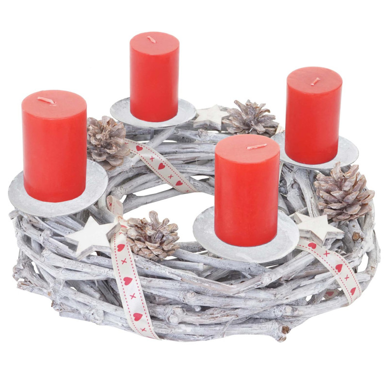 Couronne de l'Avent ronde, décoration de Noël, bois, Ø 30cm, blanc / gris - avec des bougies, rouge