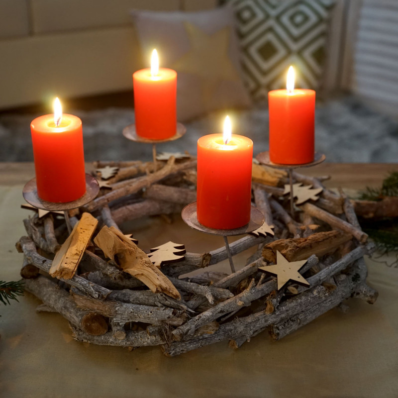 Couronne de l'Avent ronde, décoration de Noël, bois, Ø 40cm, gris - avec des bougies, rouge