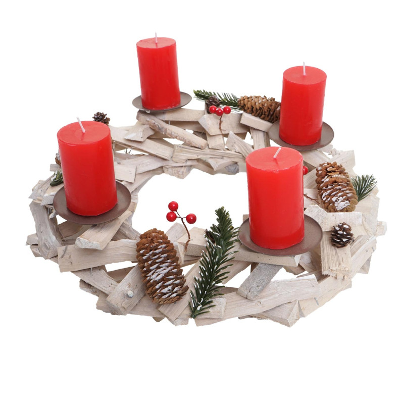 Couronne de l'Avent ronde, décoration de Noël, bois, Ø 40cm, blanc / gris - avec des bougies, rouge