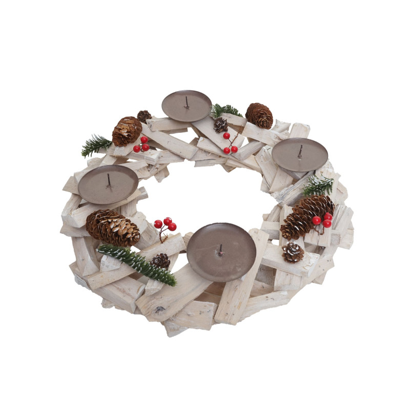 Couronne de l'Avent ronde, décoration de Noël, bois, Ø 40cm, blanc / gris - sans bougies