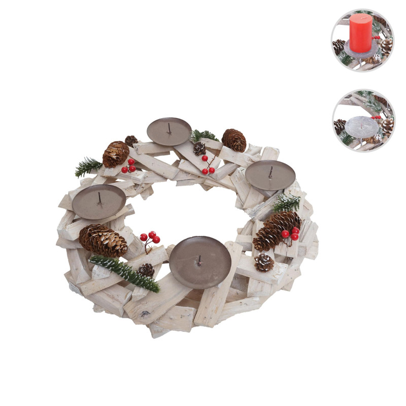 Couronne de l'Avent ronde, décoration de Noël, bois, Ø 40cm, blanc / gris - sans bougies