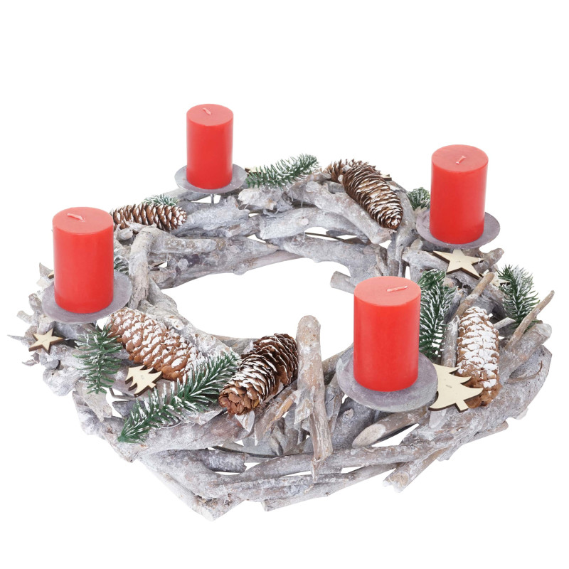 Couronne de l'Avent XXL, décoration de Noël, bois, Ø 48cm, blanc / gris - avec des bougies, rouge