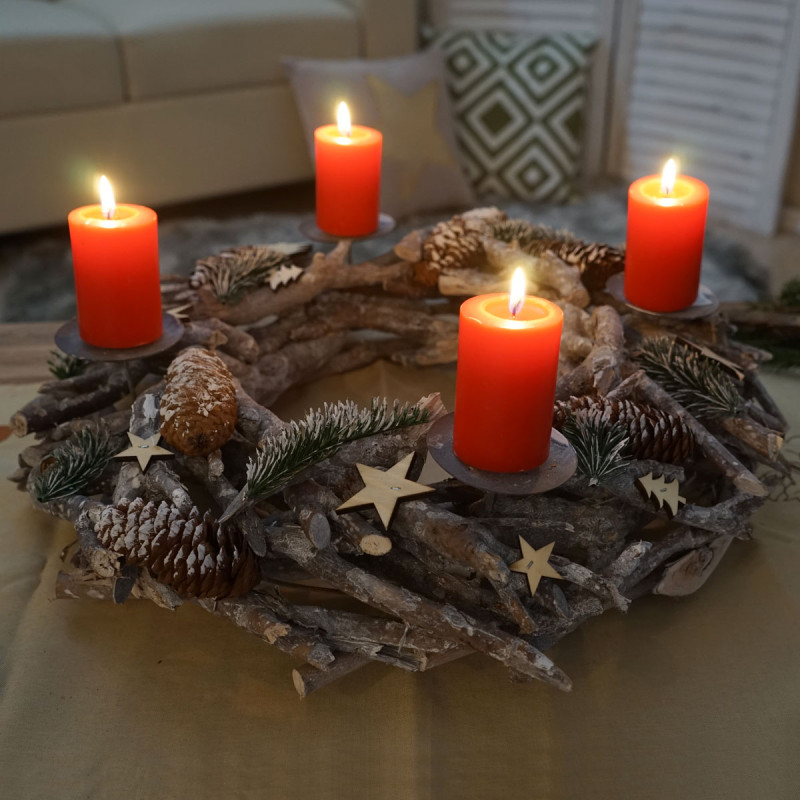 Couronne de l'Avent XXL, décoration de Noël, bois, Ø 48cm, blanc / gris - avec des bougies, rouge