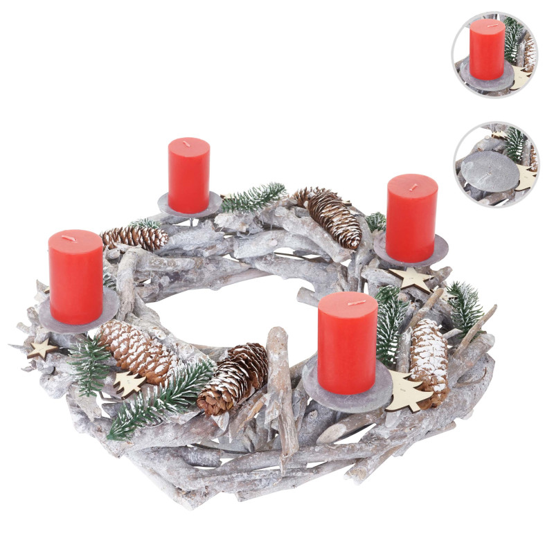 Couronne de l'Avent ronde, décoration de Noël, bois, Ø 48cm, blanc / gris - sans des bougies