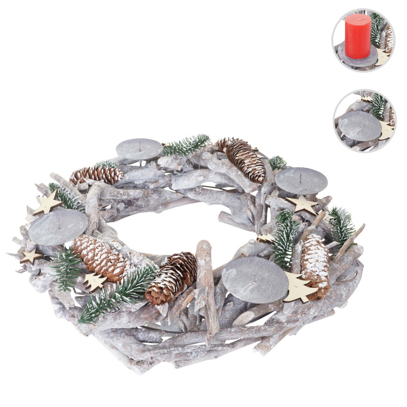 Couronne de l'Avent ronde, décoration de Noël, bois, Ø 48cm, blanc / gris - sans des bougies