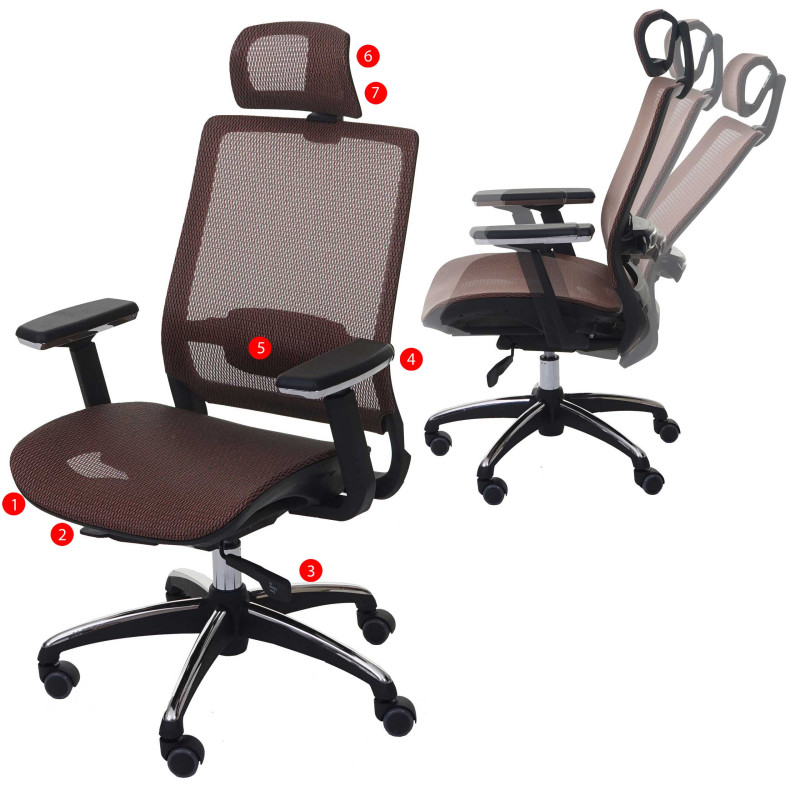 Chaise de bureau chaise pivotante, ergonomique, appui-tête, tissu - brun rouge