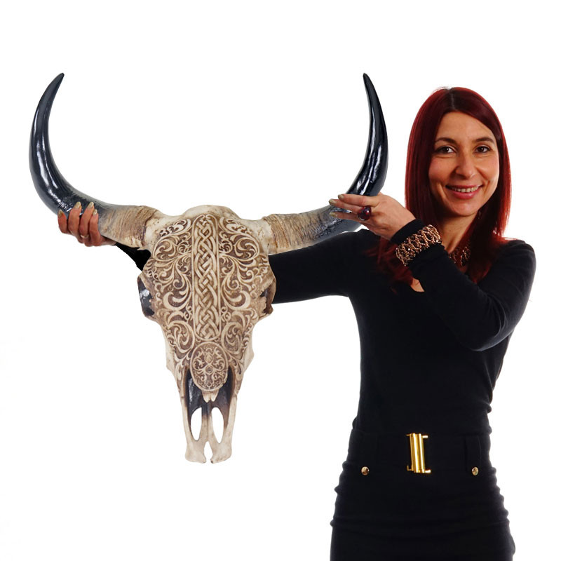 Crâne de taureau 65cm tête avec longues cornes, polyrésine, trophée tribal, intérieur/plein air