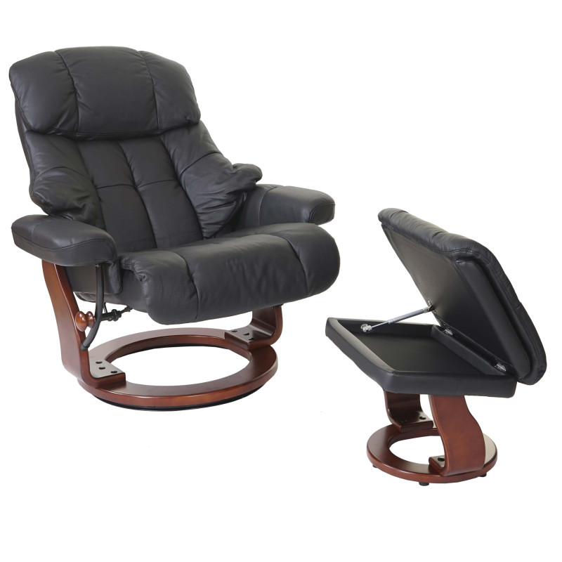 MCA fauteuil relax Calgary XXL, fauteuil de télévision avec tabouret, cuir, charge 180kg - noir, aspect noix