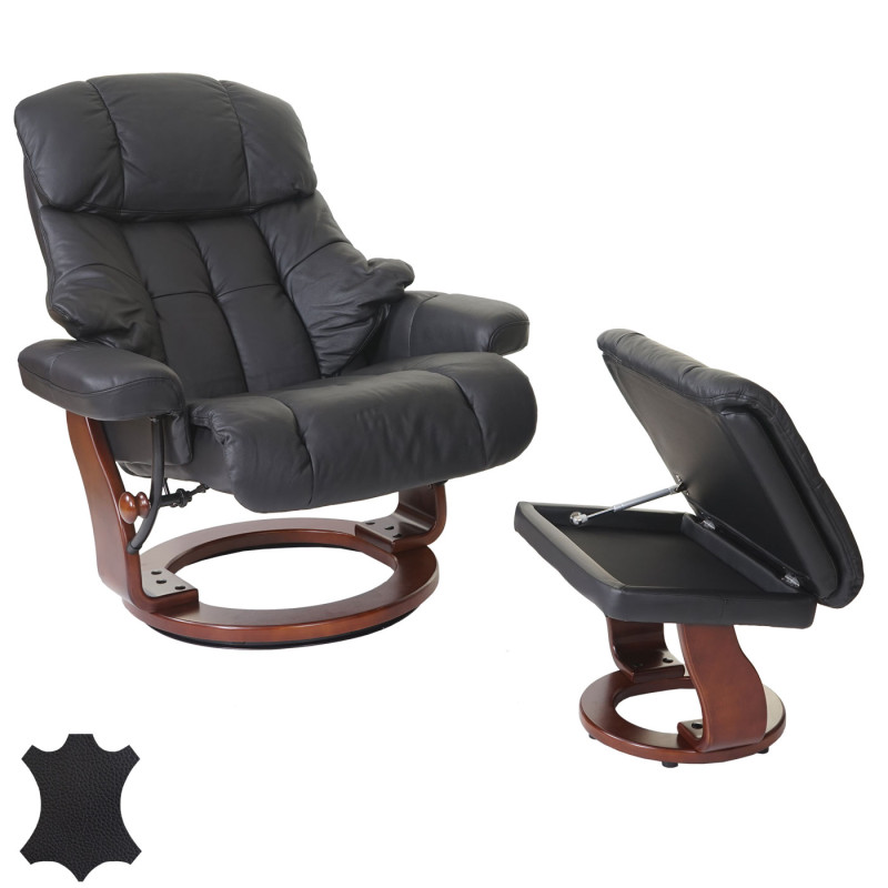 MCA fauteuil relax Calgary XXL, fauteuil de télévision avec tabouret, cuir, charge 180kg - noir, aspect noix