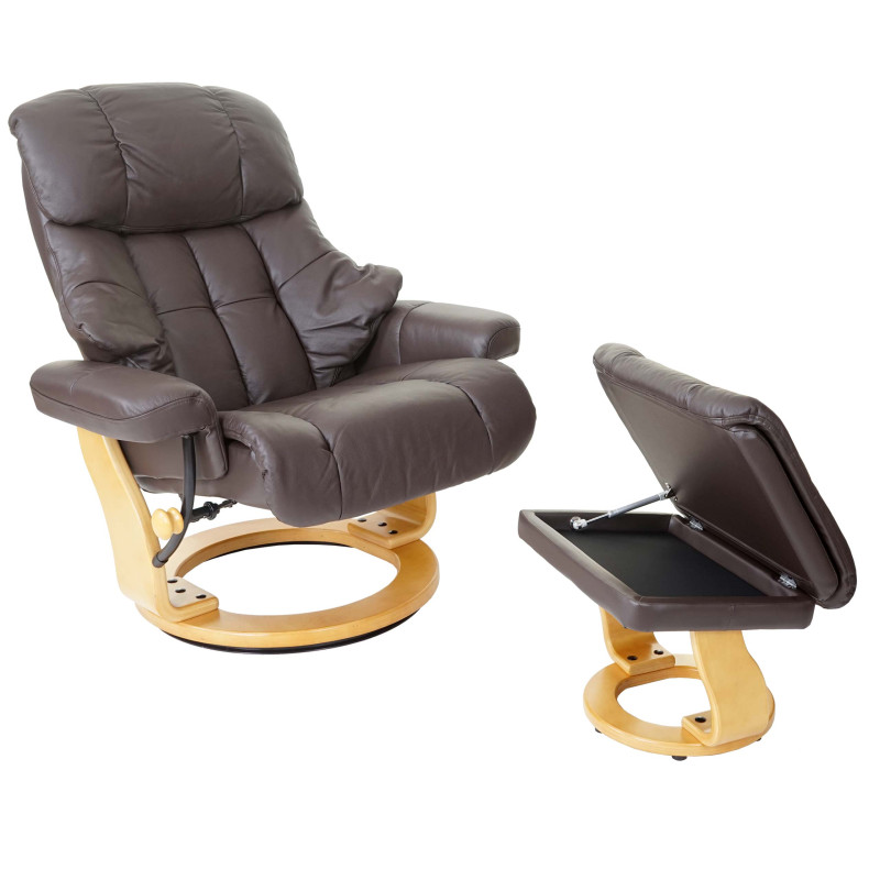 MCA fauteuil relax Calgary XXL, fauteuil de télé avec tabouret, cuir, charge 180kg - marron, brun naturel