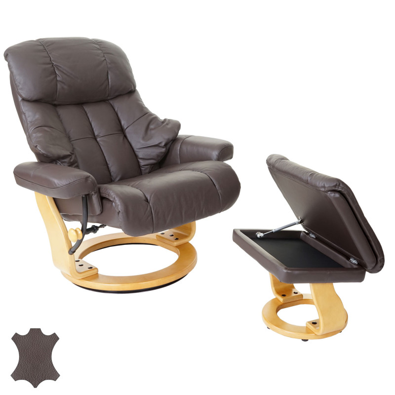 MCA fauteuil relax Calgary XXL, fauteuil de télé avec tabouret, cuir, charge 180kg - marron, brun naturel