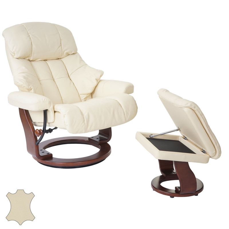 MCA fauteuil relax Calgary XXL, fauteuil de télévision avec tabouret, cuir, charge 180kg - crème, aspect noix