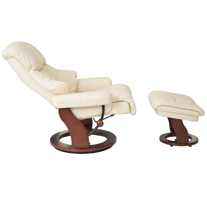 MCA fauteuil relax Calgary XXL, fauteuil de télévision avec tabouret, cuir, charge 180kg - crème, aspect noix
