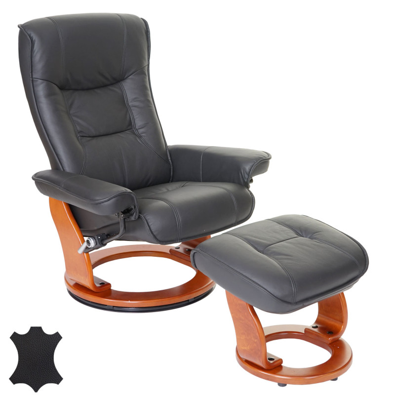 MCA fauteuil relax Hamilton, fauteuil de télévision, tabouret, cuir, charge 130kg - noir, doré