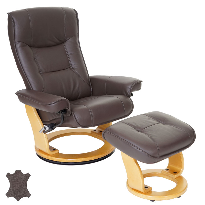 MCA fauteuil relax Hamilton, fauteuil de télévision, tabouret, cuir, charge 130kg - marron, nature