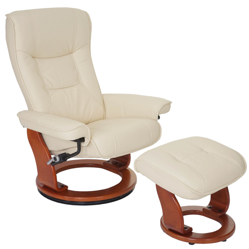 MCA fauteuil relax Hamilton, fauteuil de télévision, tabouret, cuir, charge 130kg - crème, doré