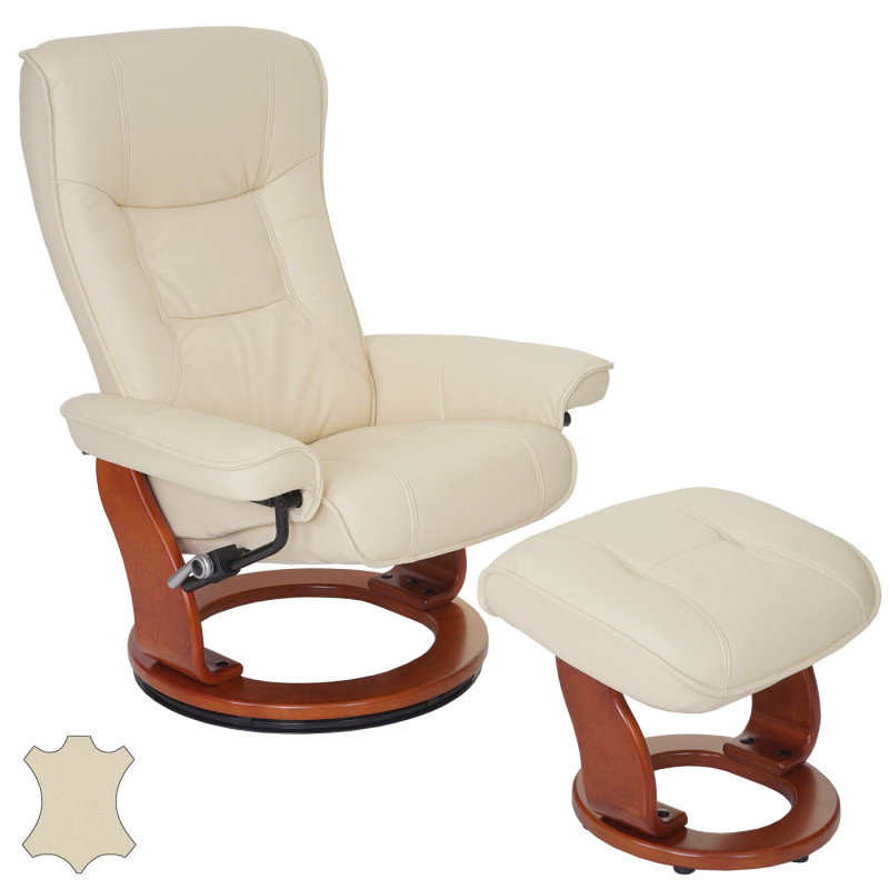 MCA fauteuil relax Hamilton, fauteuil de télévision, tabouret, cuir, charge 130kg - crème, doré