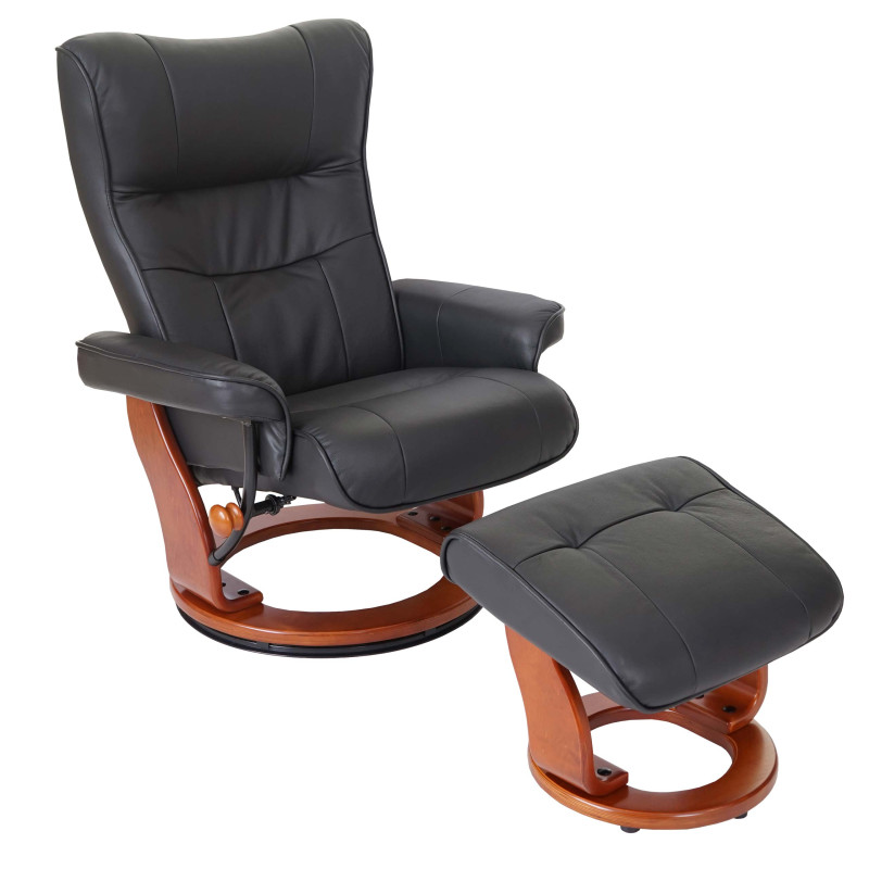 Robas Lund fauteuil relax Montreal, fauteuil de télévision, tabouret, cuir, charge 130kg - noir, doré