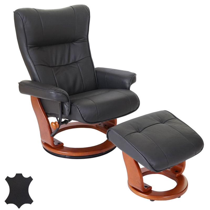 Robas Lund fauteuil relax Montreal, fauteuil de télévision, tabouret, cuir, charge 130kg - noir, doré