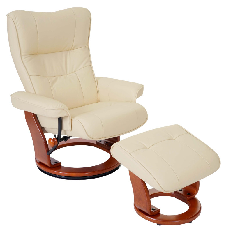 Robas Lund fauteuil relax Montreal, fauteuil de télévision, tabouret, cuir, charge 130kg - crème, doré