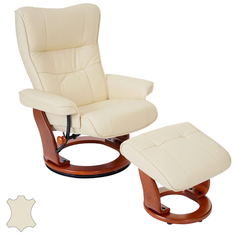 Robas Lund fauteuil relax Montreal, fauteuil de télévision, tabouret, cuir, charge 130kg - crème, doré