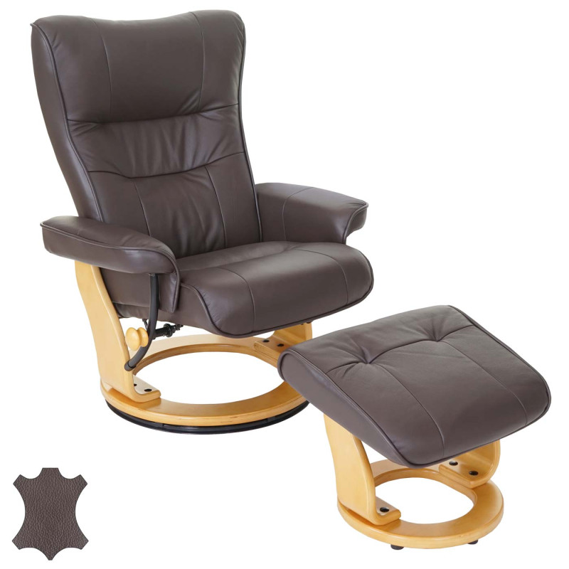 Robas Lund fauteuil relax Montreal, fauteuil de télévision, tabouret, cuir, charge 130kg - marron, nature