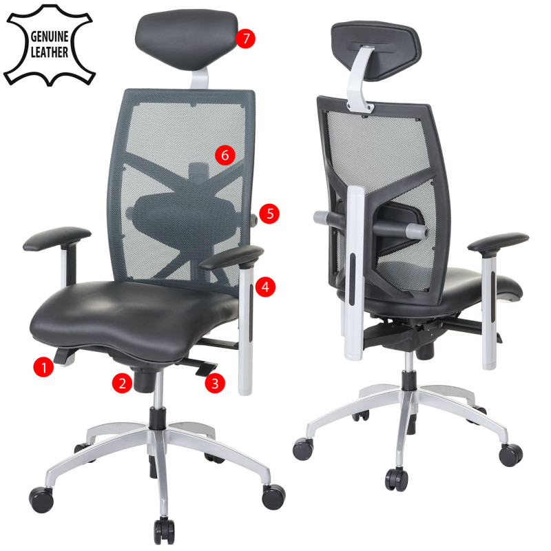 Fauteuil de bureau MERRYFAIR Trek, chaise pivotante, cuir / filet ISO9001, charge 130kg, noir