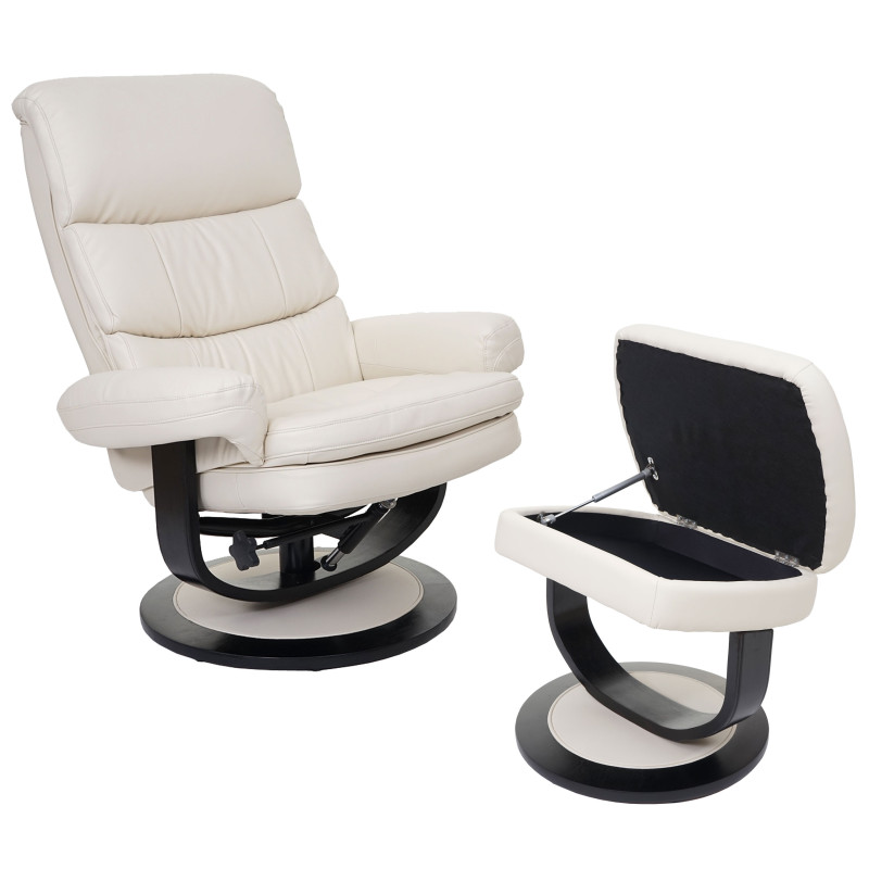 Fauteuil relax Turda, fauteuil de télévision, avec tabouret + casier, similicuir - crème