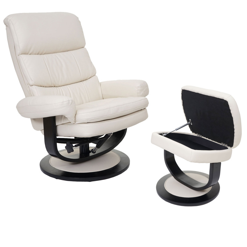 Fauteuil relax Turda, fauteuil de télévision, avec tabouret + casier, similicuir - crème