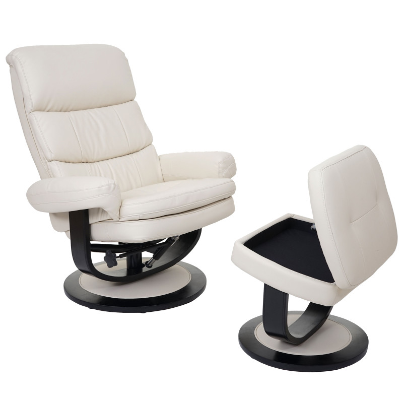 Fauteuil relax Turda, fauteuil de télévision, avec tabouret + casier, similicuir - crème