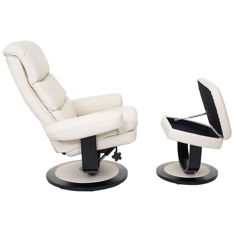 Fauteuil relax Turda, fauteuil de télévision, avec tabouret + casier, similicuir - crème