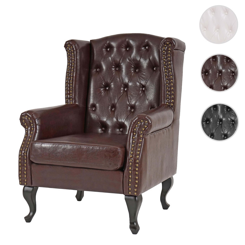 Fauteuil de relaxation Chesterfield, cuir synthétique - brun antique avec repose-pied