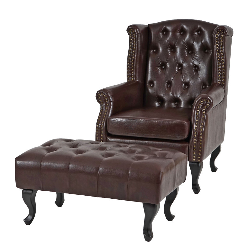 Fauteuil de relaxation Chesterfield, cuir synthétique - brun antique avec repose-pied