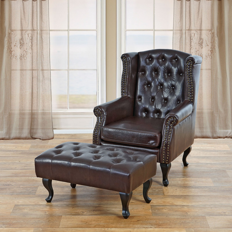 Fauteuil de relaxation Chesterfield, cuir synthétique - brun antique avec repose-pied