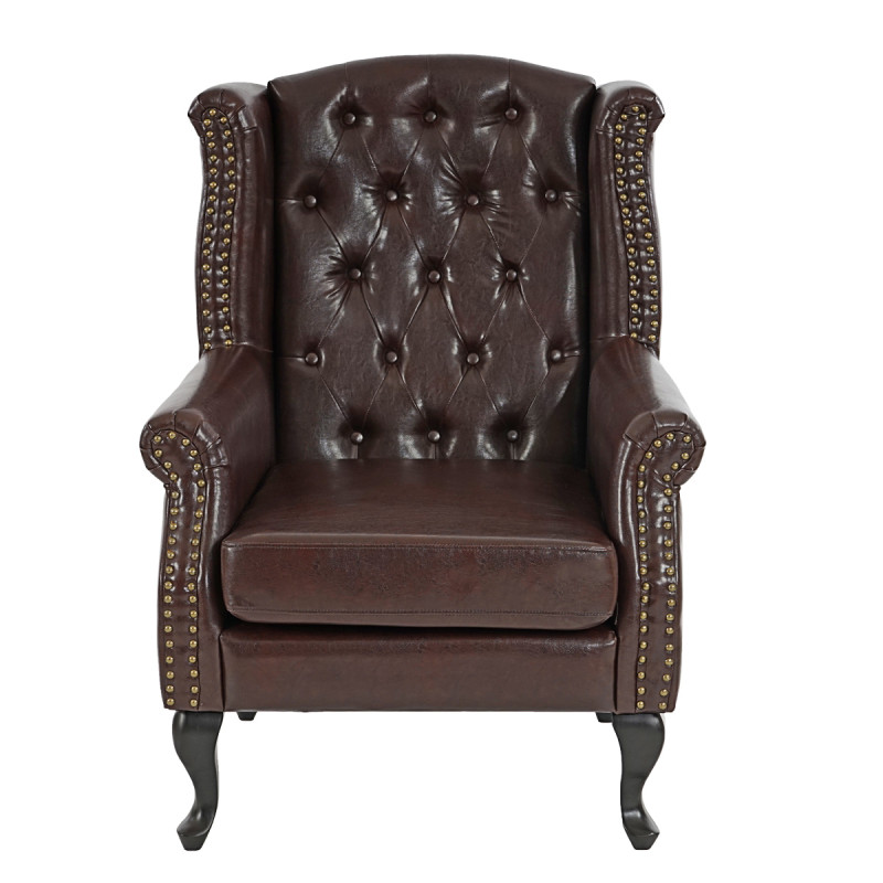 Fauteuil de relaxation Chesterfield, cuir synthétique - brun antique avec repose-pied