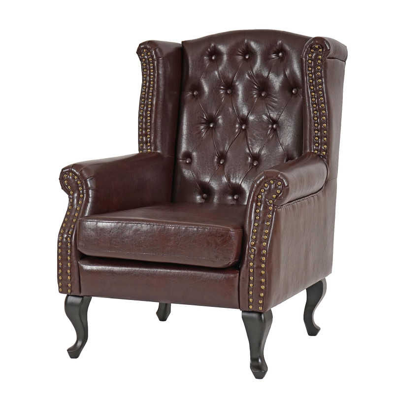 Fauteuil de relaxation Chesterfield, cuir synthétique - brun antique avec repose-pied