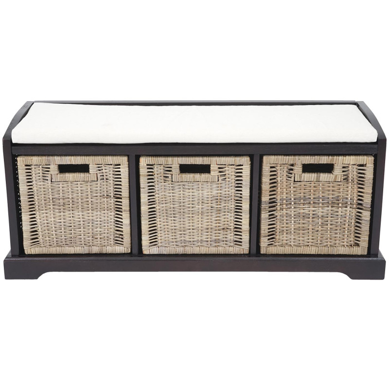 Banquette Bienne, boîte de rangement, 3 paniers, treillis en rotin, 112x46x37cm - foncé