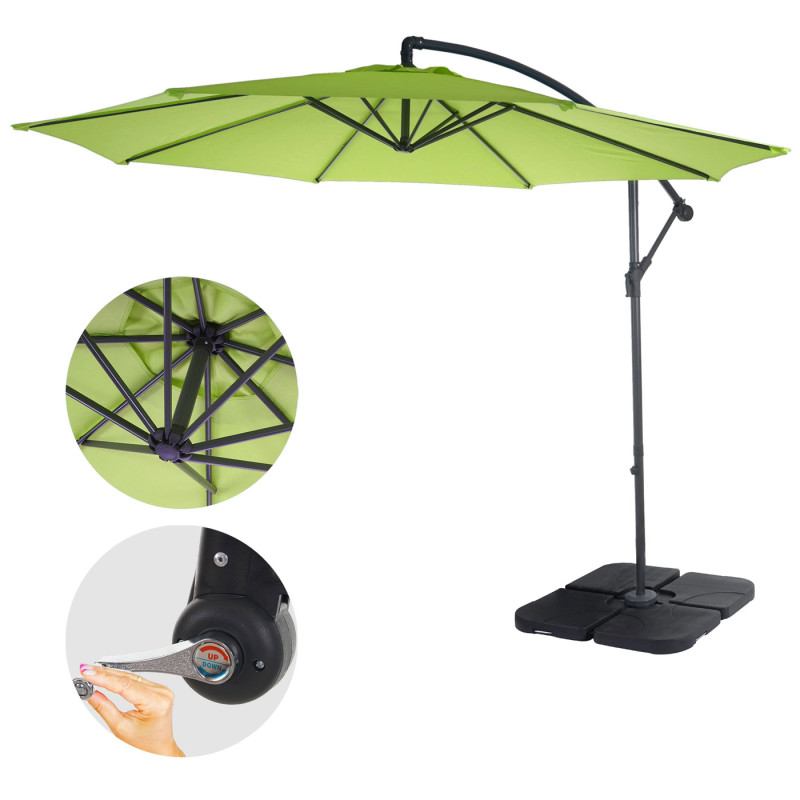 Parasol déporté semi-pro Acerra, protection contre le soleil, 3m inclinable - vert limon avec support