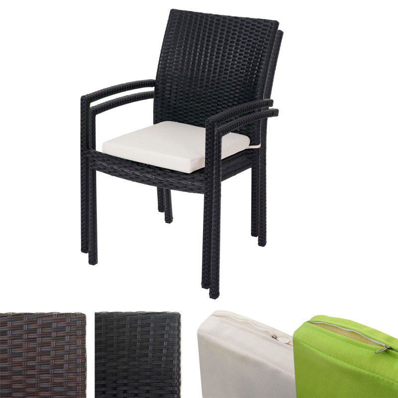 2x chaise Cava en polyrotin, chaises empilaples de jardin - marron, coussins crèmes