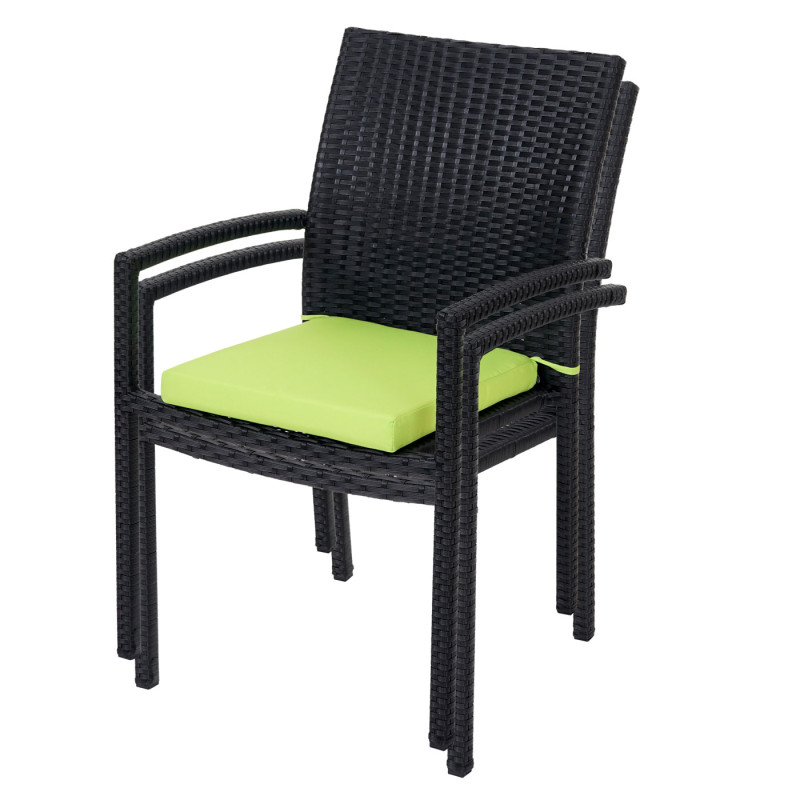 2x chaise Cava en polyrotin, chaises empilaples de jardin - anthracite, coussins verts