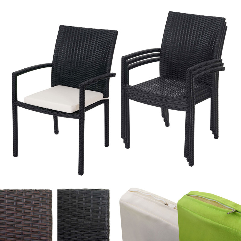 4x chaise Cava en polyrotin, chaises empilaples de jardin - marron, coussins crèmes