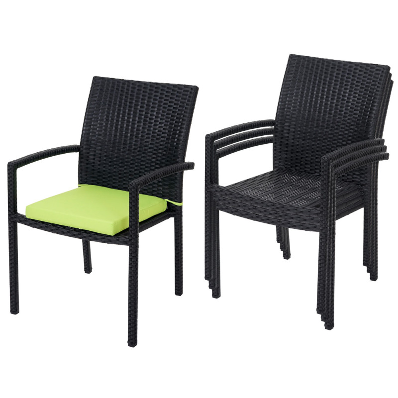 4x chaise Cava en polyrotin, chaises empilaples de jardin - anthracite, coussins verts