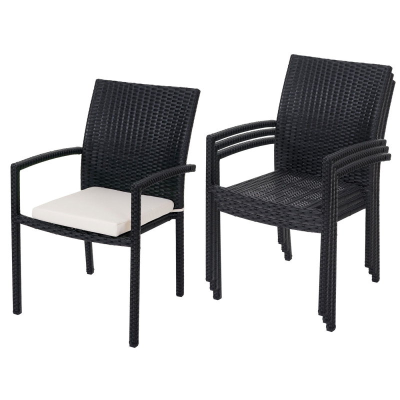 4x chaise Cava en polyrotin, chaises empilaples de jardin - anthracite, coussins crèmes