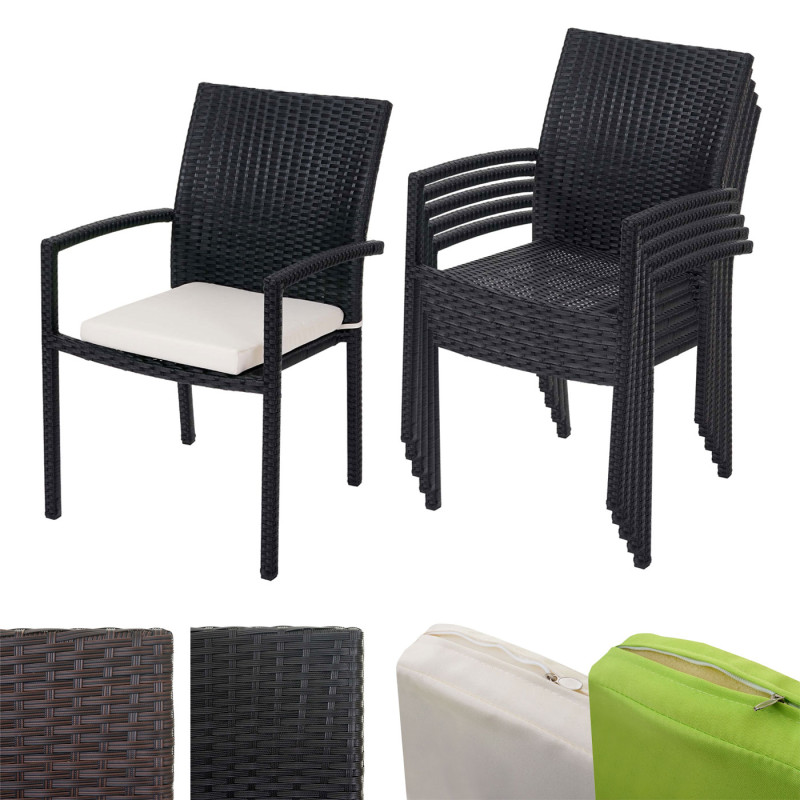 6x chaise Cava en polyrotin, chaises empilaples de jardin - marron, coussins crèmes
