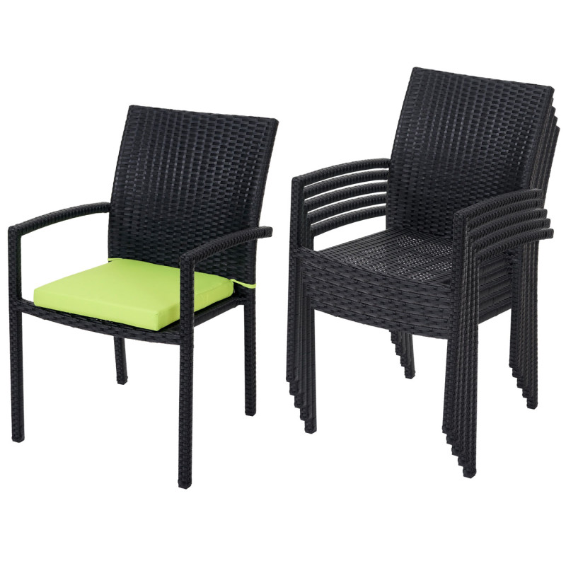 6x chaise Cava en polyrotin, chaises empilaples de jardin - anthracite, coussins verts