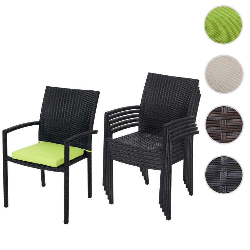 6x chaise Cava en polyrotin, chaises empilaples de jardin - anthracite, coussins verts